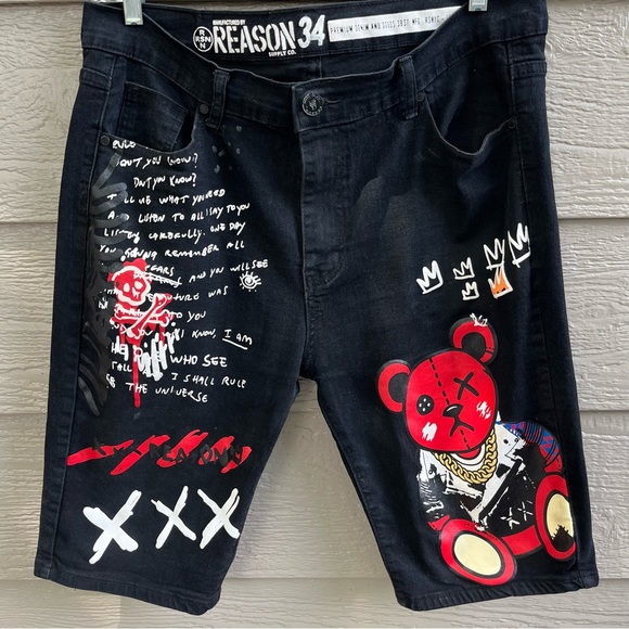 Reason Brand Men 36x12 Denim Jean Shorts Bermudas Black Graphic Teddy Bear Patch - Picture 2 of 12